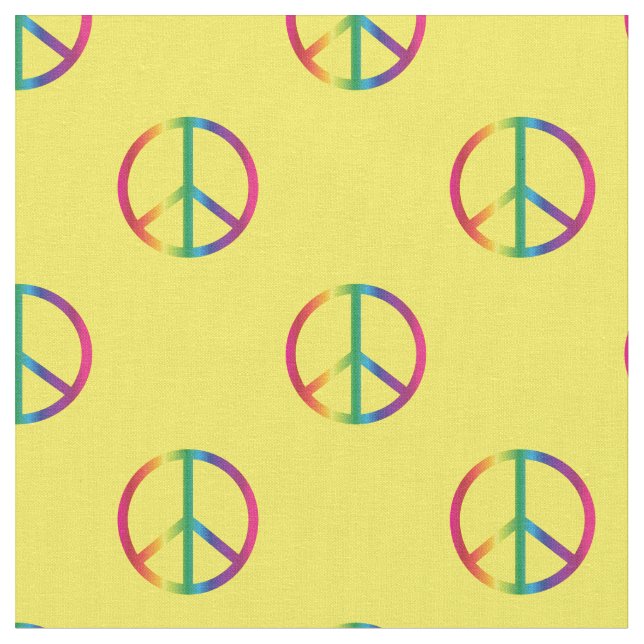 Rainbow Peace Signs Yellow Fabric (Close Up)