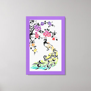 Rainbow peacock & cherry blossoms purple border canvas print