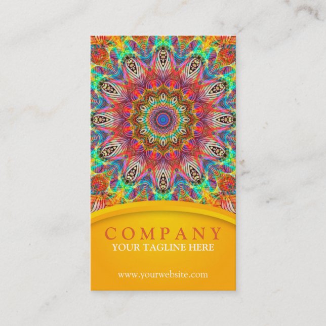 Rainbow Peacock mandala - yellow Business Card (Front)