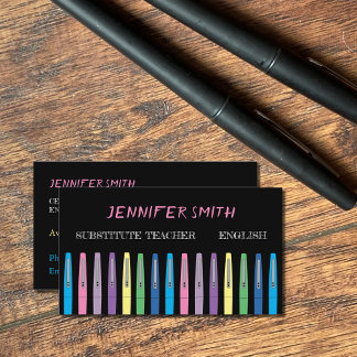 Rainbow Pen Substitute Teacher Black Business Card