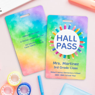 Rainbow Pencils Classroom Hall Pass Badge ID Badge