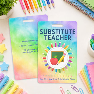 Rainbow Pencils Personalised Substitute Teacher ID Badge