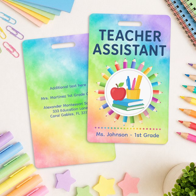Rainbow Pencils Personalised Teacher Assistant  ID Badge (Teacher Assistant Badge)