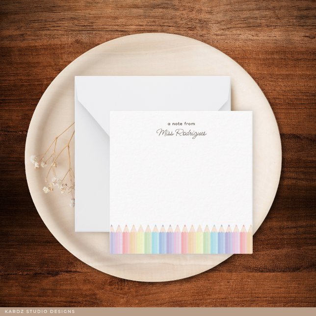Rainbow Pencils Personalised Teacher Note Card (Note card shown in 2.5 x 2.5 inches. Add name, choose size, paper, and corner style.)