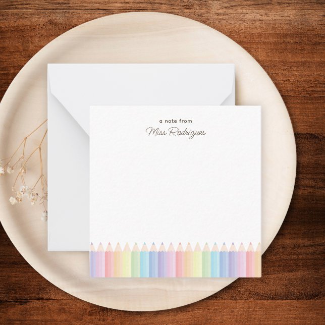 Rainbow Pencils Personalised Teacher Note Card (Note card shown in 2.5 x 2.5 inches. Add name, choose size, paper, and corner style.)