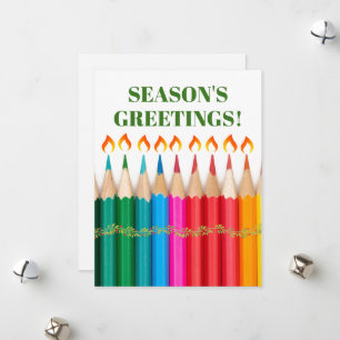 Rainbow Pencils Seasons Greetings  Holiday Card