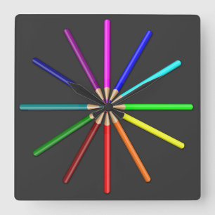 rainbow pencils square wall clock