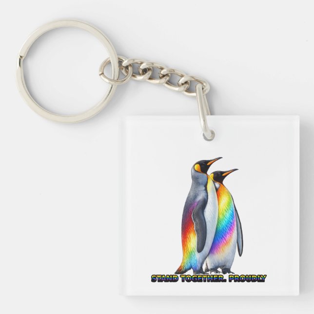 Rainbow Penguin Pride – Stand Together  Key Ring (Front)