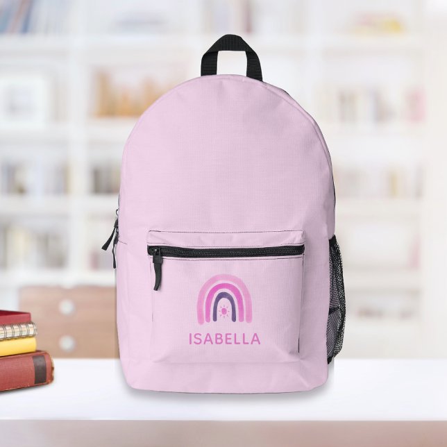 Rainbow Personalised Girl School Printed Backpack (Pink Girl Backpack with a pretty rainbow in purple. Personalized girl school backpack.)