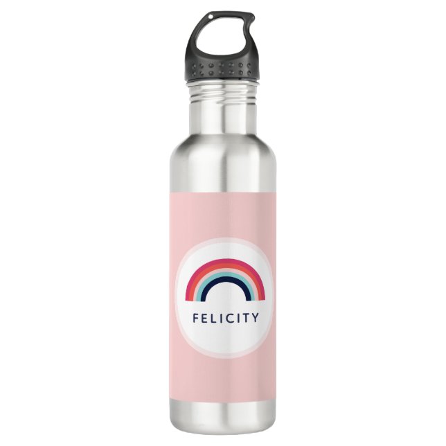Rainbow Personalised Name Girl Gift in Pink  710 Ml Water Bottle (Front)