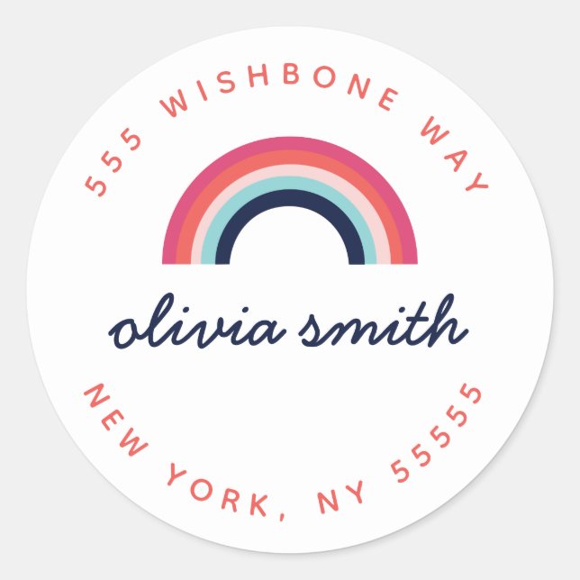 Rainbow Personalised Script Name Address Classic Round Sticker (Front)