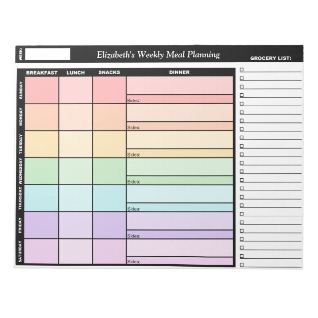 Rainbow Personalised Weekly Meal Planning Notepad (Front)