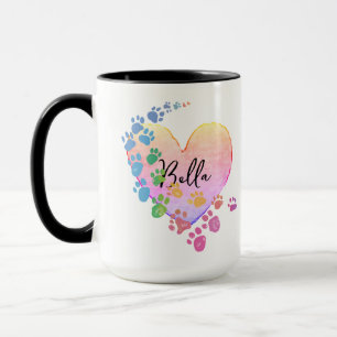 Rainbow Pet Pawprints with Name on a Heart Mug