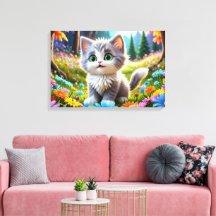 Rainbow Petals and a Whimsical Kitten Canvas Print