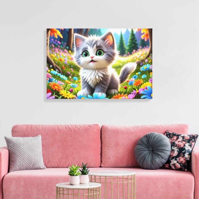 Rainbow Petals and a Whimsical Kitten Canvas Print (Insitu(LivingRoom))