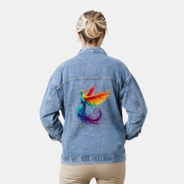 Rainbow Phoenix Rising with Pride LGBTQ Bird Denim Jacket (Model)