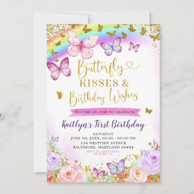 Rainbow Pink and Purple Butterfly Birthday Invite (Front)