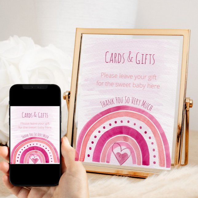 Rainbow Pink Baby Shower Gift Table Sign (Pink Rainbow girl baby shower cards and gifts sign)