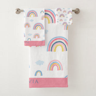 Rainbow Pink Blue Personalised Boho Girly Bath Towel Set
