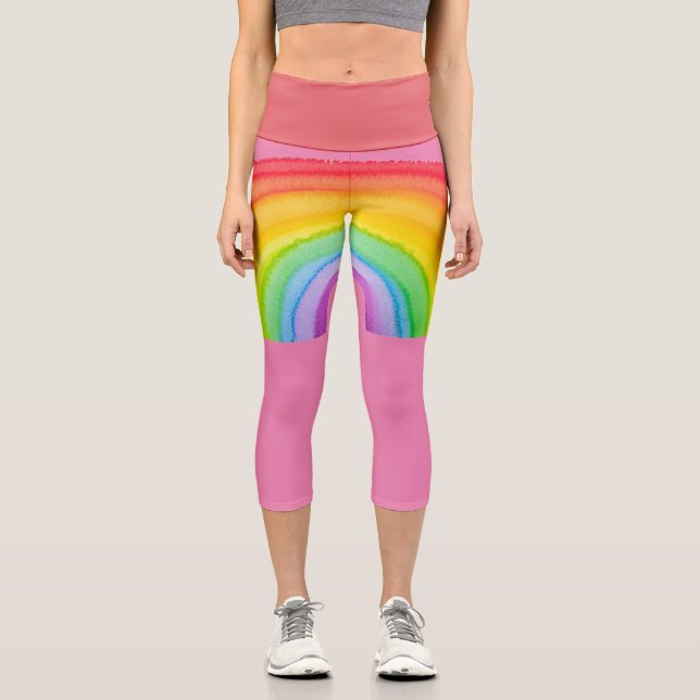 RAINBOW PINK CAPRI YOGA PANTS LEGGINGS (Front)