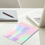 Rainbow pink glitter rose gold sparkle glam name notepad<br><div class="desc">A trendy iridescent background with unicorn and rainbow pastel colours in pink, purple, rose gold, mint green. Decorated with faux glitter drips in rose gold, pink and purple. Purple coloured letters. Personalise and add your name. The name is written with a modern hand lettered style script with swashes. To keep...</div>