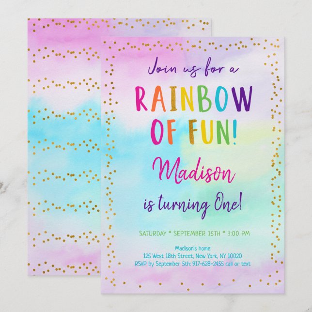 Rainbow Pink Gold Watercolor Birthday Invitation (Front/Back)