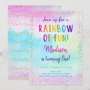 Rainbow Pink Gold Watercolor Birthday Invitation