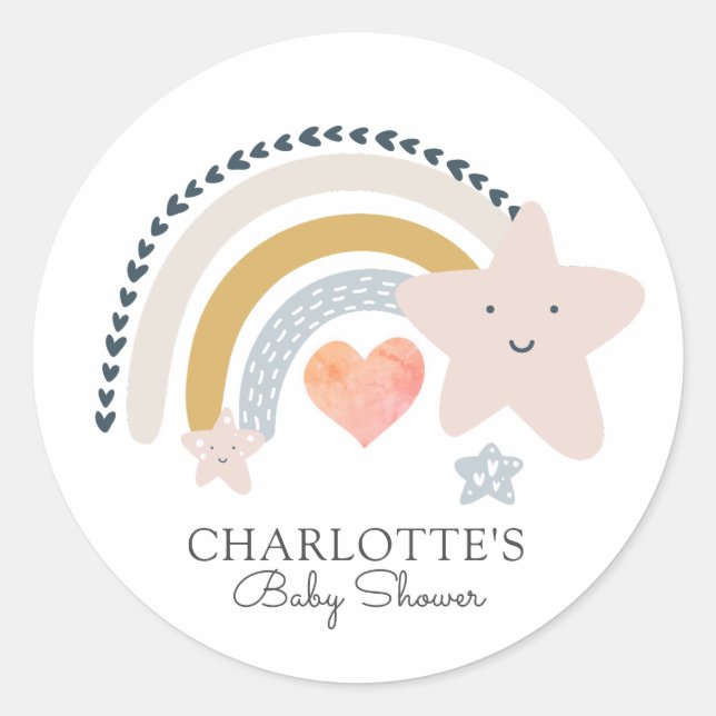 Rainbow Pink Heart Girl Baby Shower   Classic Round Sticker (Front)