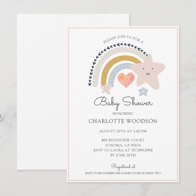 Rainbow Pink Heart Girl Baby Shower Invitation (Front/Back)