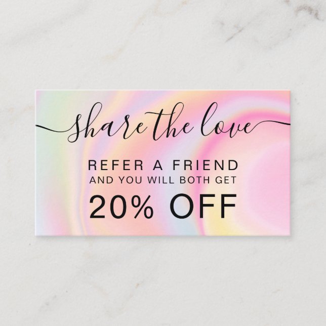 Rainbow pink marble unicorn holographic script referral card (Front)