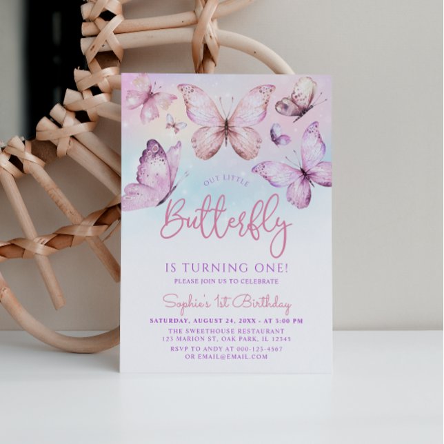 Rainbow Pink Purple Girl Butterfly 1st Birthday Invitation (Creator Uploaded)
