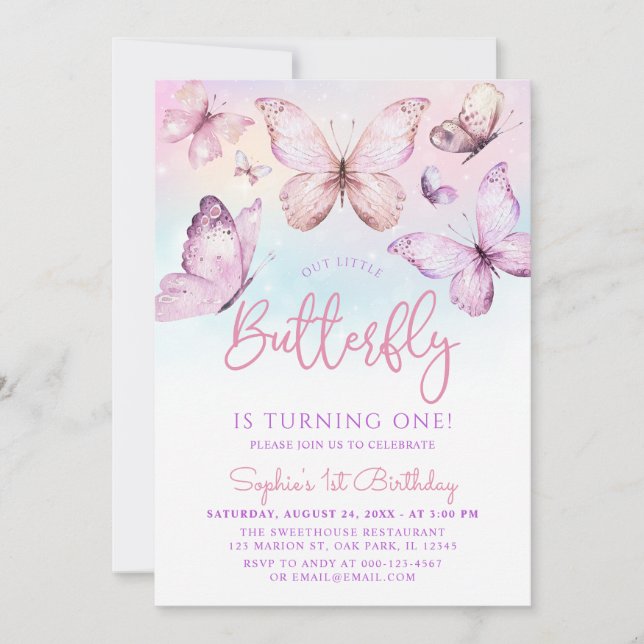 Rainbow Pink Purple Girl Butterfly 1st Birthday Invitation (Front)