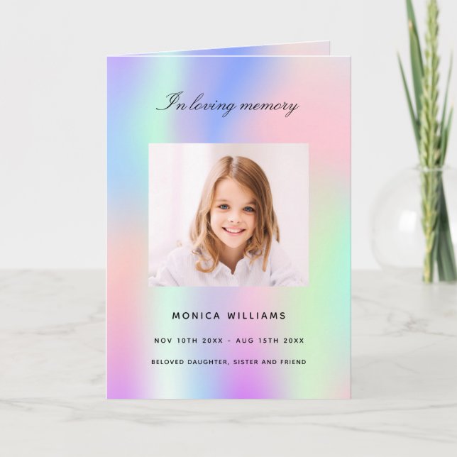 Rainbow pink purple girly photo funeral program thank you card (Front)