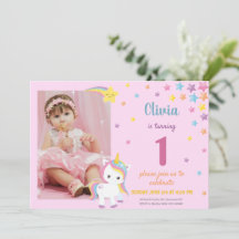 Rainbow Pink Unicorn Invitation with Photo