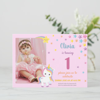 Rainbow Pink Unicorn Invitation with Photo