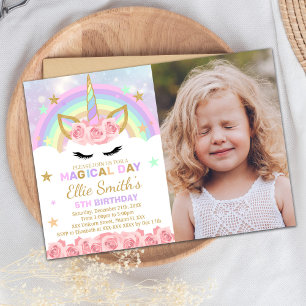 Rainbow Pink Unicorn Invitations with photo