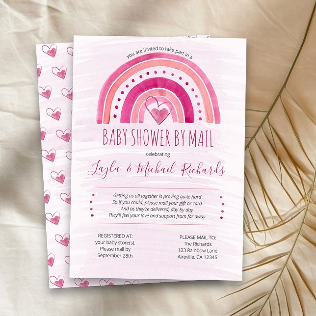 Rainbow Pink Watercolor Wash Baby Shower by Mail Invitation (Pink Rainbow girl baby shower by mail invitation)