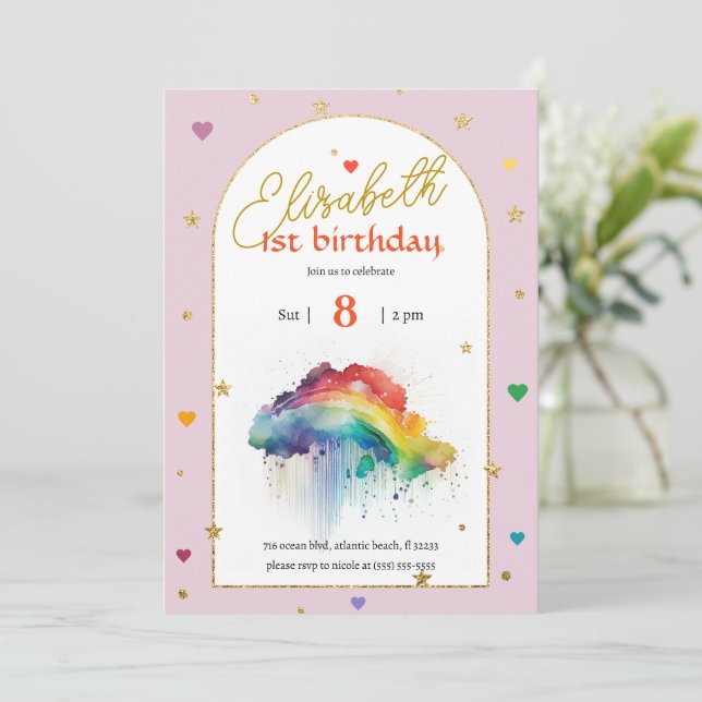Rainbow Pink Watercolour 1st Birthday Invitation (Standing Front)