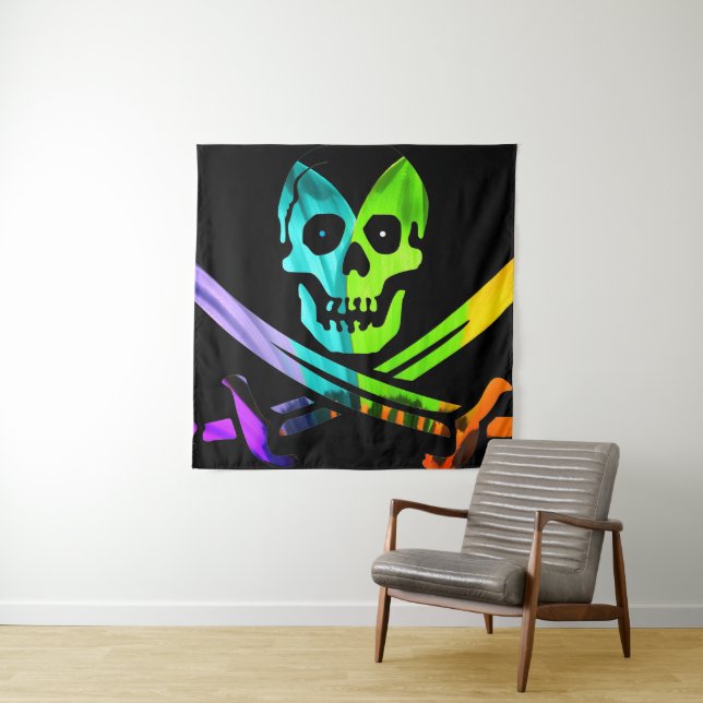 Rainbow Pirate Skull Tapestry (In Situ)