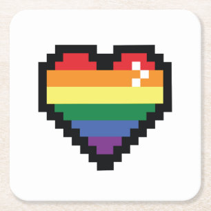 Rainbow Pixel Heart Square Paper Coaster