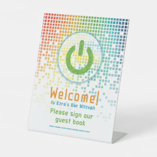 Rainbow Pixels Video Game Gamer Bar Mitzvah  Pedestal Sign