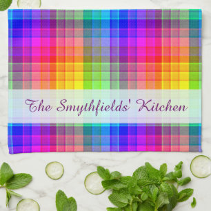 Rainbow Plaid Colourful Add Your Name Tea Towel