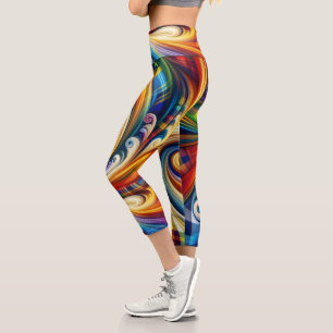 Rainbow Plaid Modern Abstract Swirling Capri Leggings