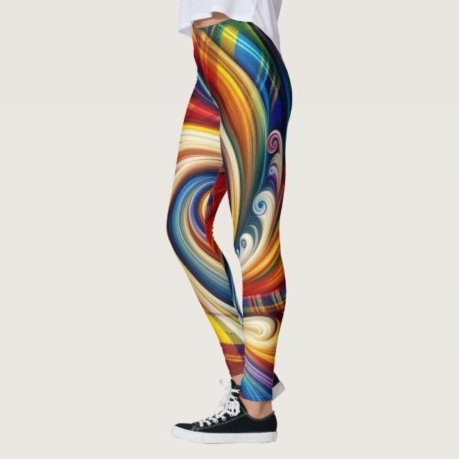 Rainbow Plaid Modern Abstract Swirling  Leggings (Left)