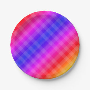 Rainbow plaid pattern pink purple red blue orange paper plate
