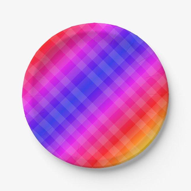 Rainbow plaid pattern pink purple red blue orange paper plate (Front)