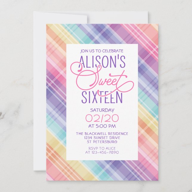 Rainbow Plaid Sweet 16 Birthday Invitation (Front)