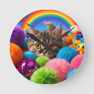 Rainbow Playtime Kitten Adorable Tabby Cat Round Clock