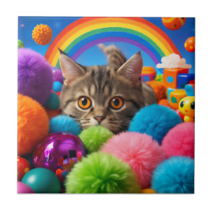 Rainbow Playtime Kitten Adorable Tabby Cat Tile