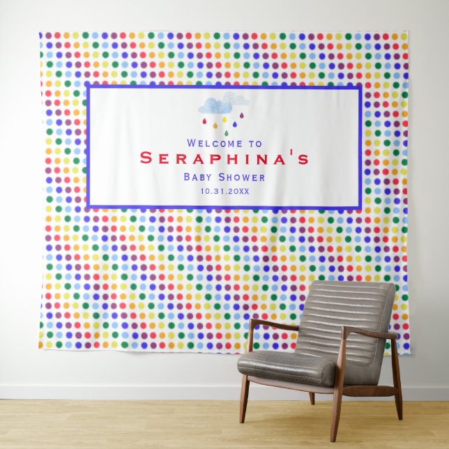 Rainbow Polka Dot Stripes Baby Shower Backdrop Tapestry (In Situ (Horizontal))